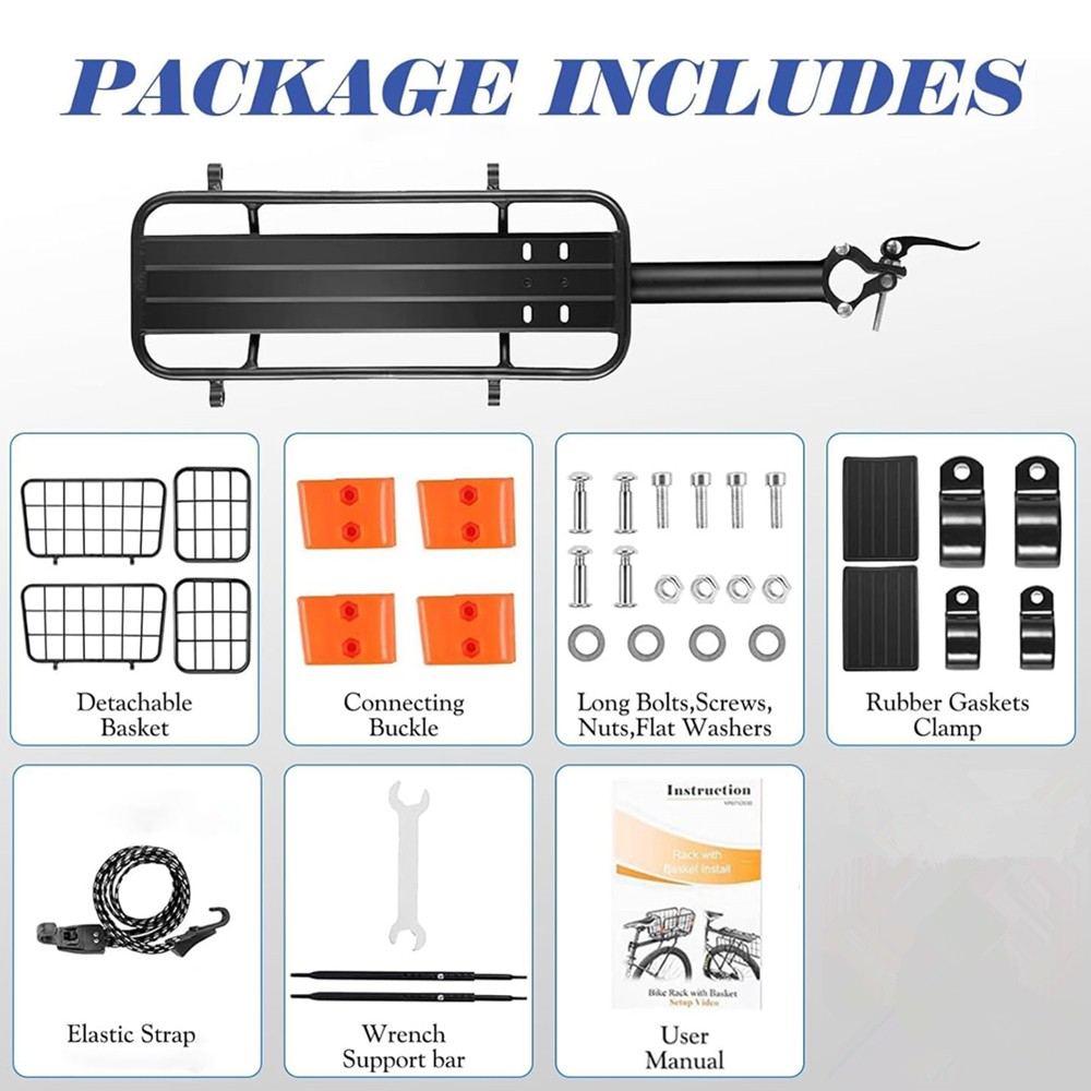 Rear Bike Rack with Basket Aluminum Alloy Adjustable Foldable Basket with Cord