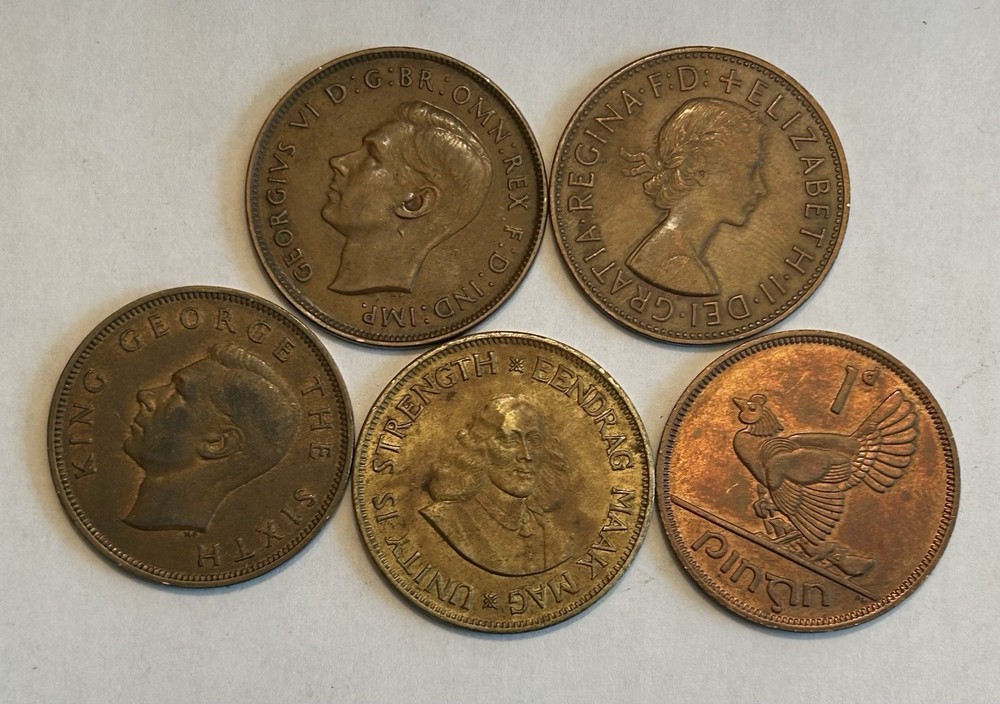 5 Different Large Pennies From 5 Countries