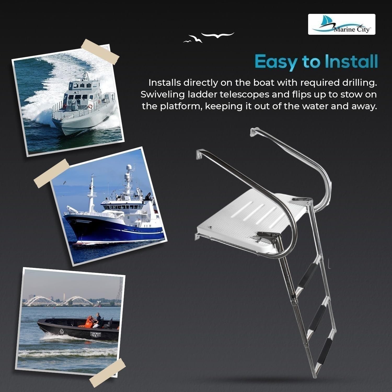 MARINE CITY 304 Stainless Steel 3 Step I/B Swim Platform Telescoping Ladder