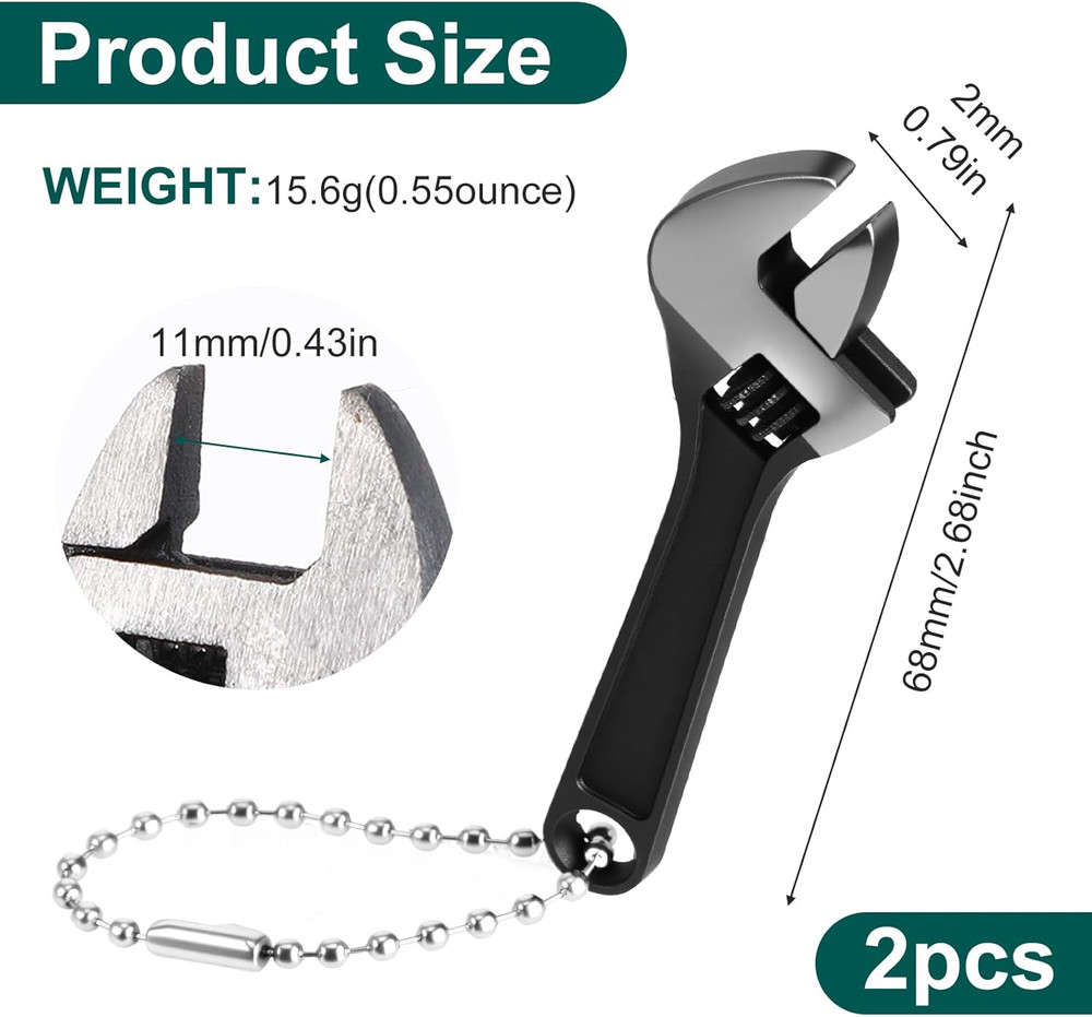 2 Pcs 2.5'' Mini Adjustable Wrench, Tiny Wrench Keychain Tool Locking Stainle...