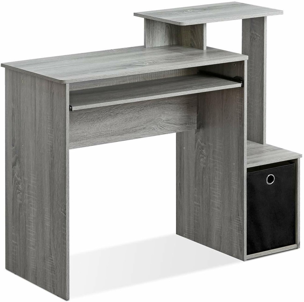 Gray Oak Finish Work Desk Storage Bin Laptop Computer Table Office Workstation
