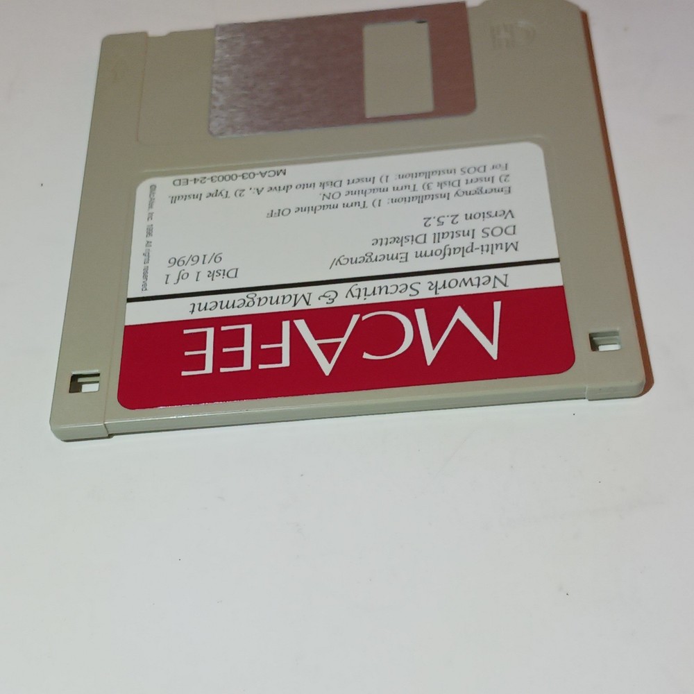 3.5" Floppy Disk McAfee DOS Install Diskette Version 2.5.2 Vtg Computing 1996