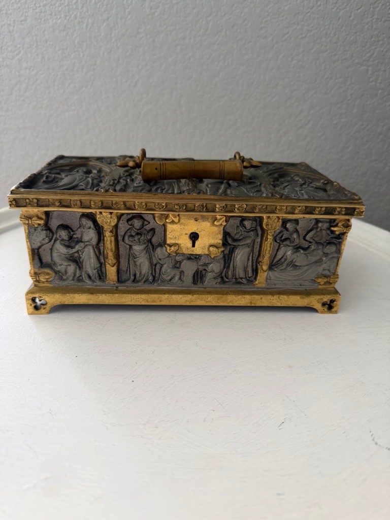 German Gothic Revival Silvered & Gilt Bronze Casket – Medieval Figural Relief –
