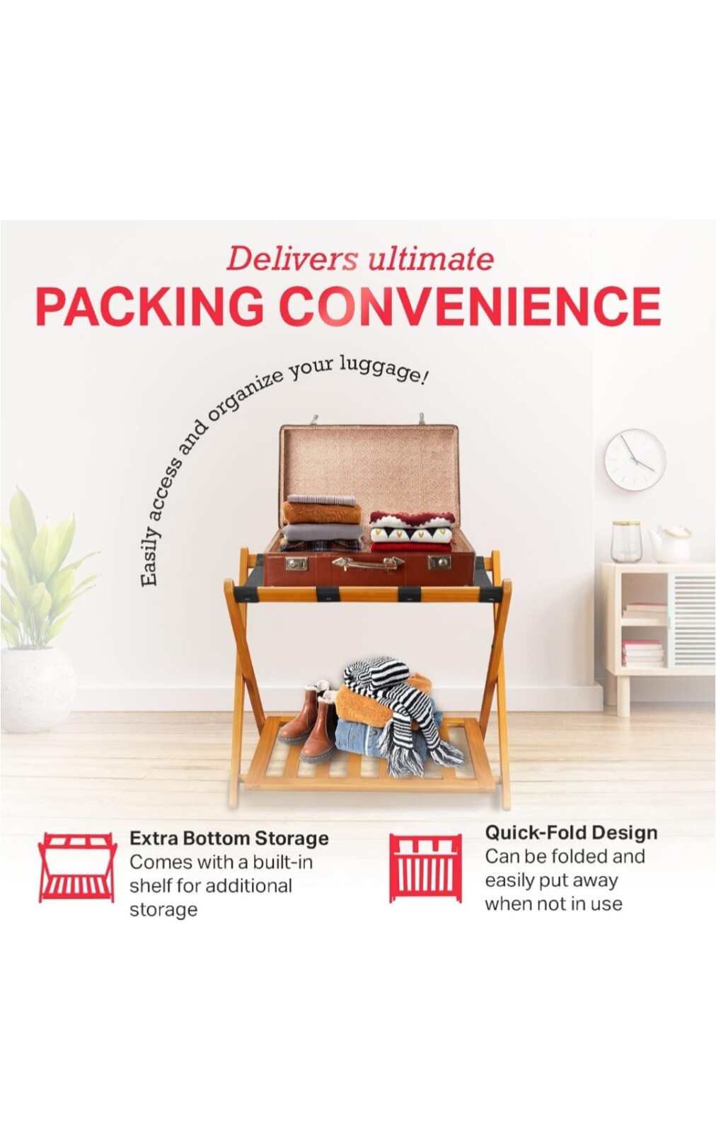 Folding Luggage Rack Honey Oak Wood Finish