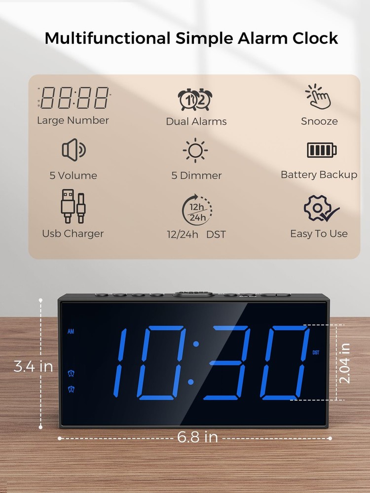 Large Display Alarm Clock for Bedroom, Easy to Read With Basic Digits, Blue