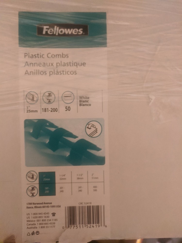 Fellowes Plastic Combs Binding Spines. 50 Pack. NIB CRC 52419