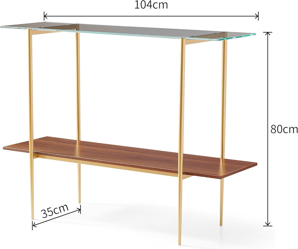 Mid-Century 2-Tier Glass & Walnut Console Table with Gold Frame, 41" Wide