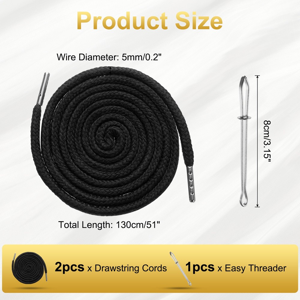 2pcs Drawstring Cords 51" Replacement Drawstring with Threader, Black