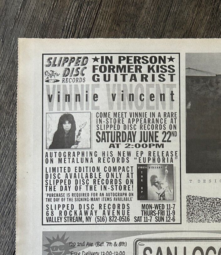 KISS Ad Advert VINNIE VINCENT Euphoria In Store '96 Slipped Disc NY Vintage Kiss