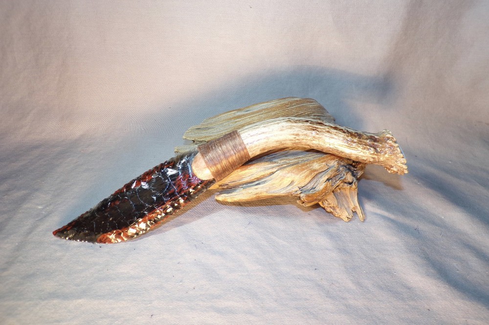 Triplle Flow Obsidian Knife Flint Knapping Black Powder Antler Handle Knapping