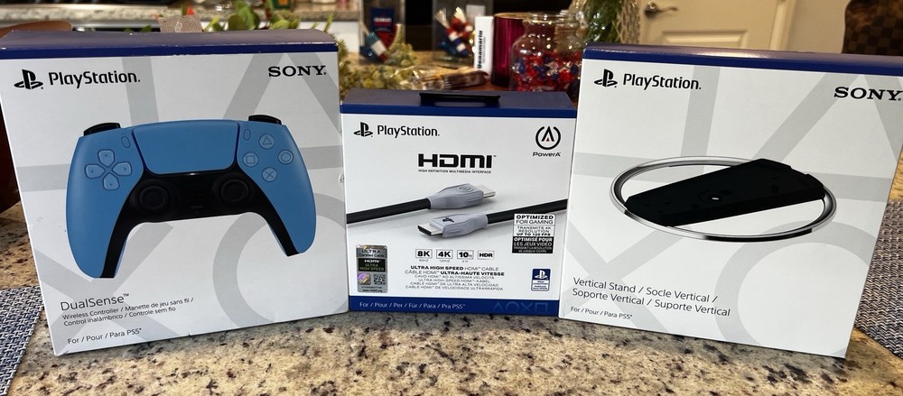 PlayStation 5 Accessories Bundle. Blue Controller, Chrome Vert Stand, HDMI Cable
