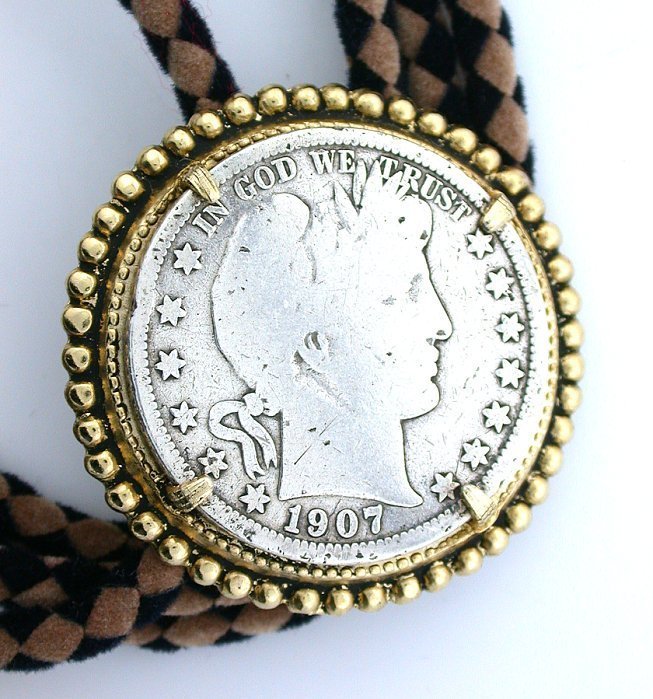 1907 SILVER BARBER HALF DOLLAR 50 CENT BOLO TIE WITH CORD TIPS EBS8270-OTH/22723