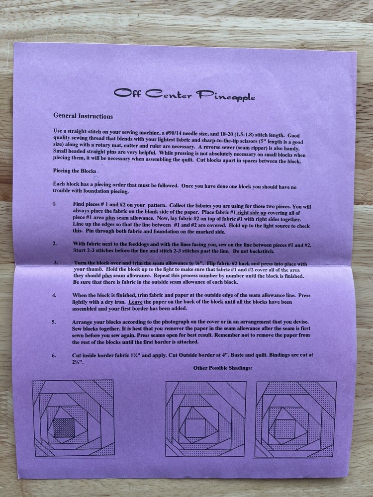 Off Center Pineapple 4” Blocks OFP101 24”x24” Quilt Pattern