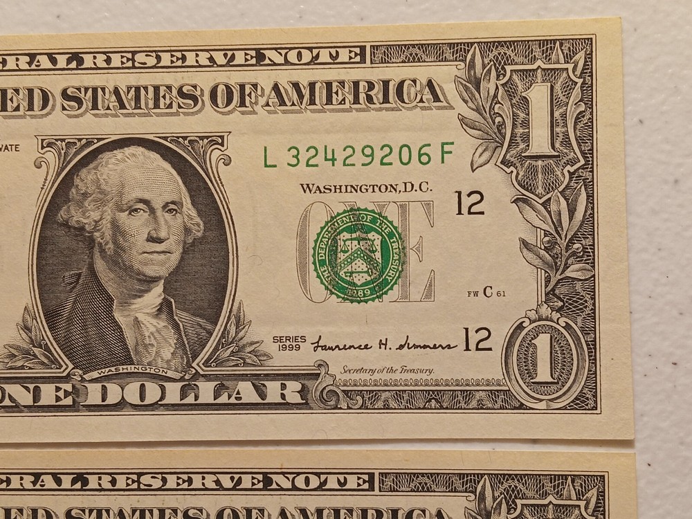 2-Errors Consecutive 1999 $1 Green Seal Federal Reserve Notes- Offset Error