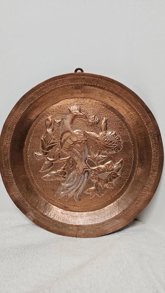 Hand Hammered Embossed Copper Peacock Plate Wall Hanging Decor