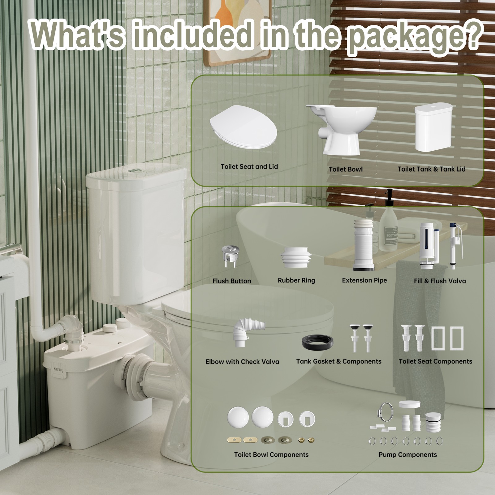 500W Macerating Toilet With 4 Water Inlet Two-piece Upflush Toilet for Basement