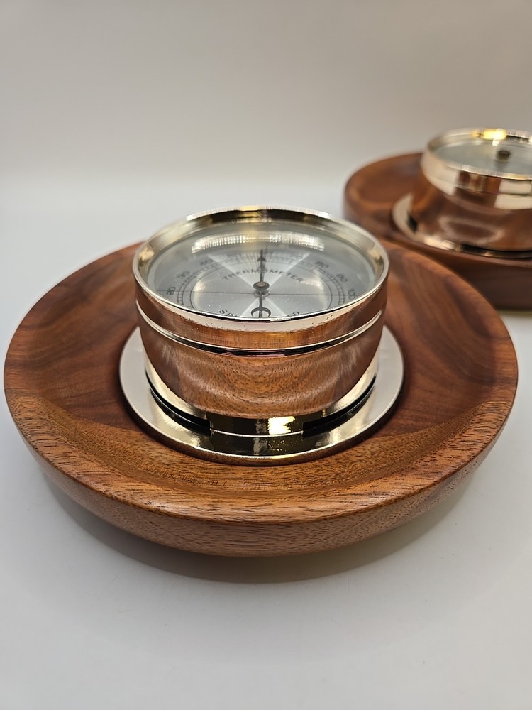 Vintage SPRINGFIELD Set Therometer & Barometer Solid American Walnut Round 5.5"