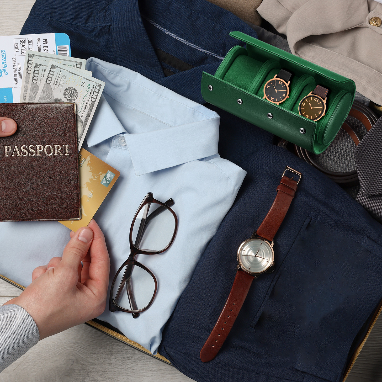 Leather Watch Travel Case for Men Women Watch Holding, 3 Slot, Green