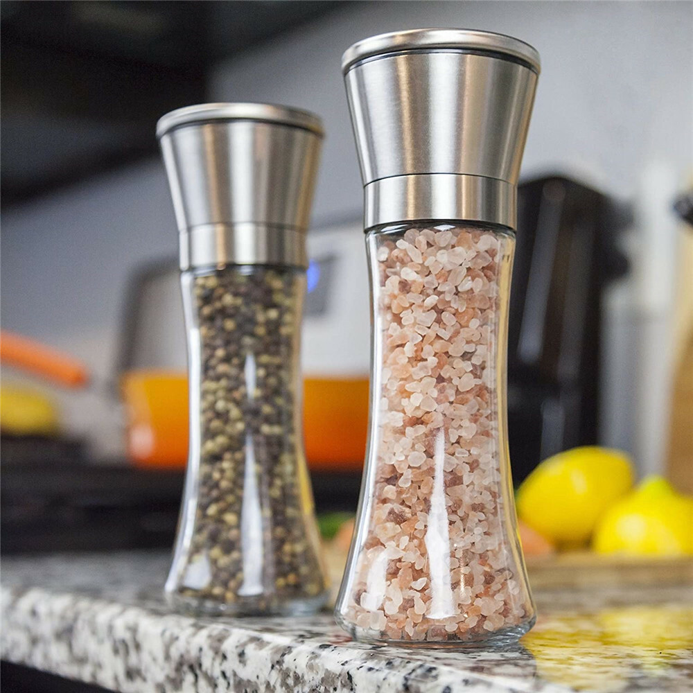 Premium Stainless Steel Salt and Pepper Grinder Shaker Mill Vintage Glass Bottle