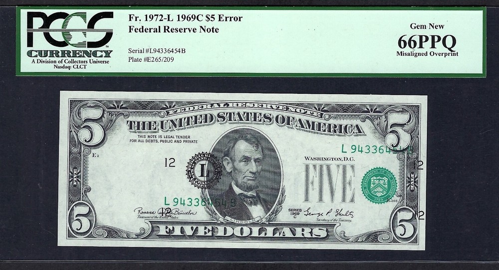 🇺🇸 1969C  $5  ERROR ♚♚ MISALIGNED OVERPRINT ♚♚ PCGS GEM NEW 66 PPQ RARE NOTE !