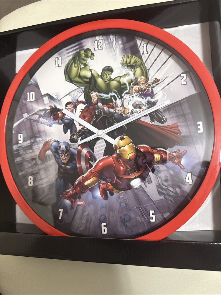 12 Inch Marvel Clock Battery Operated Featuring  Avengers, Hulk, Thor, Cpt Ameri
