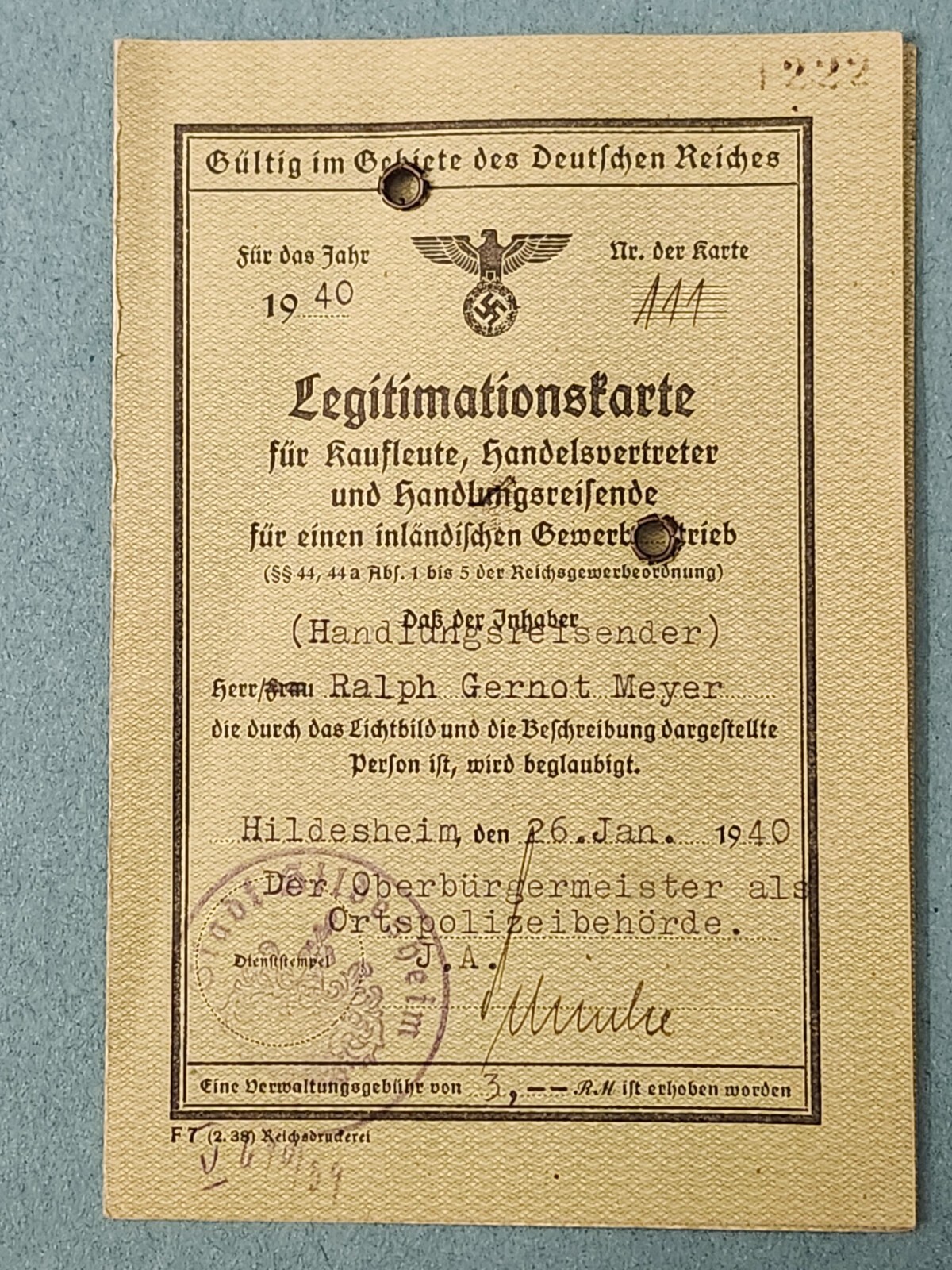 WW2 German. Legitimationskarte 1940.