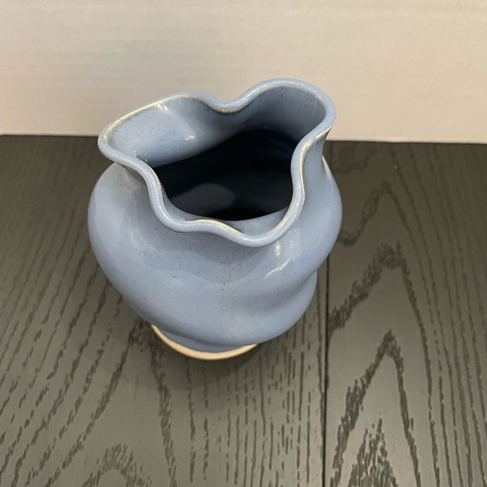 Light Blue Twisted Ceramic Small Vase and A Cream-Colored Base Signed Leftwich