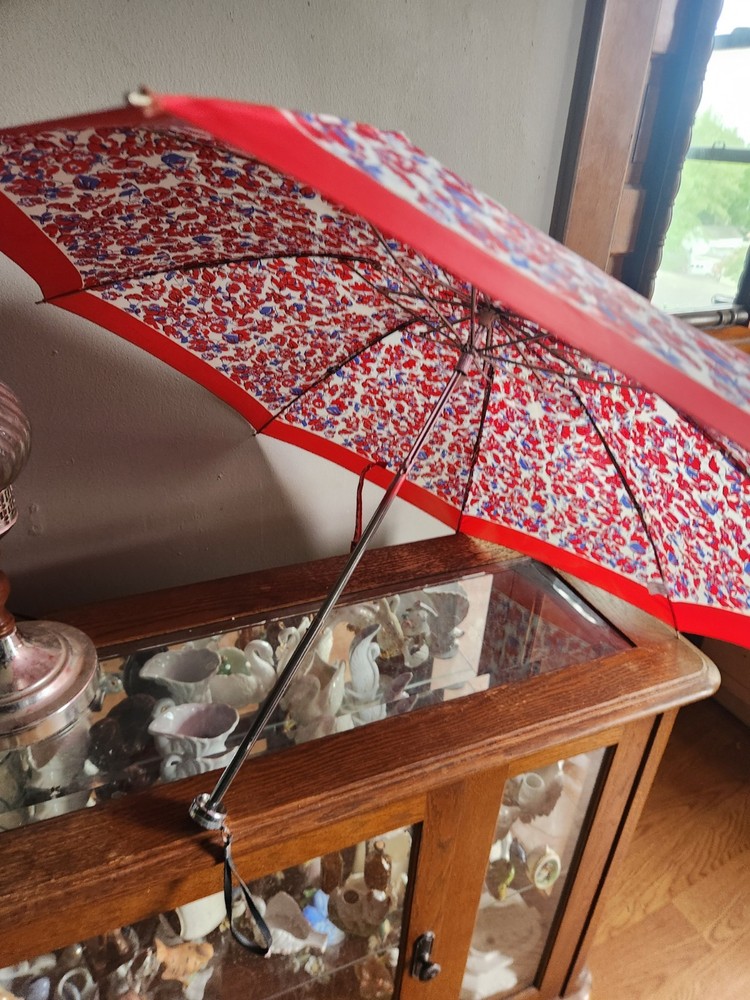 Floral Pattern Women's Folding Compact Umbrella • Blue, White, & Red Colored