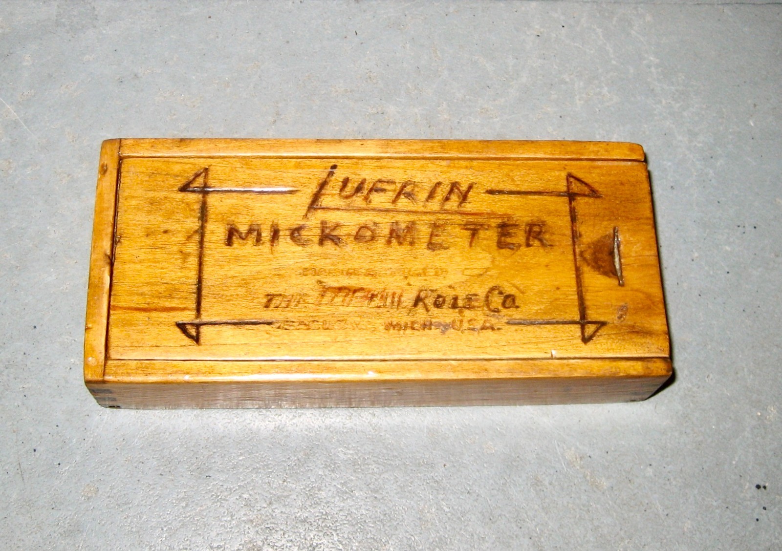 Lufkin Micrometer Wood Storage Box with garage humor: spelled Lufrin Mickometer