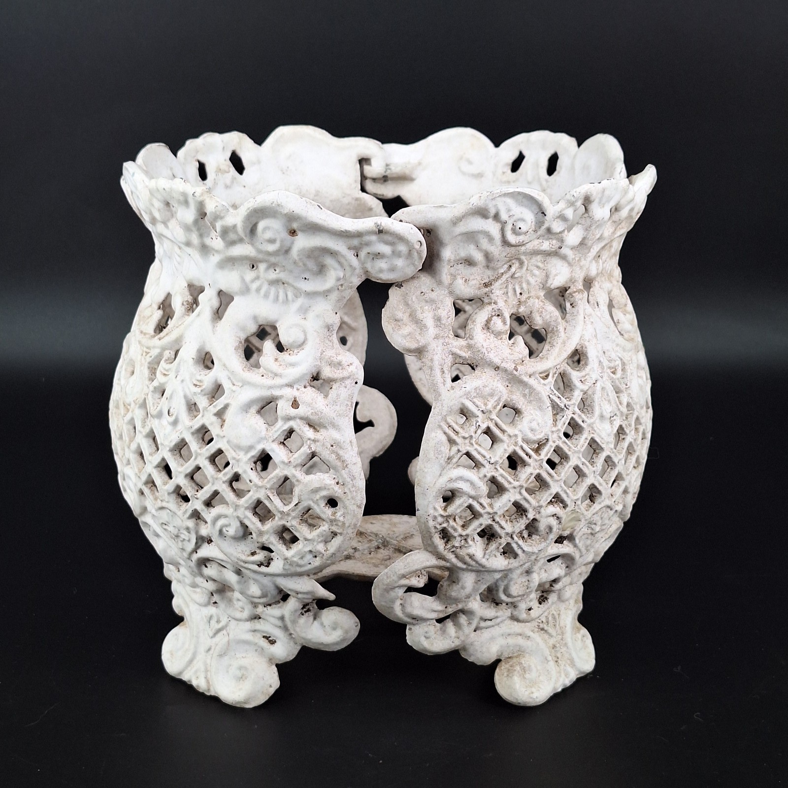 Antique Cast Iron Planter Holder Ornate Lattice White Garden Decor