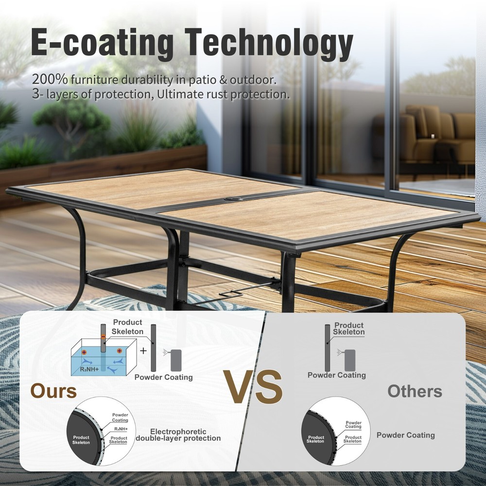 60''Patio Dining Table for 6 Person Outdoor Table with Umbrella Hole Rectangular