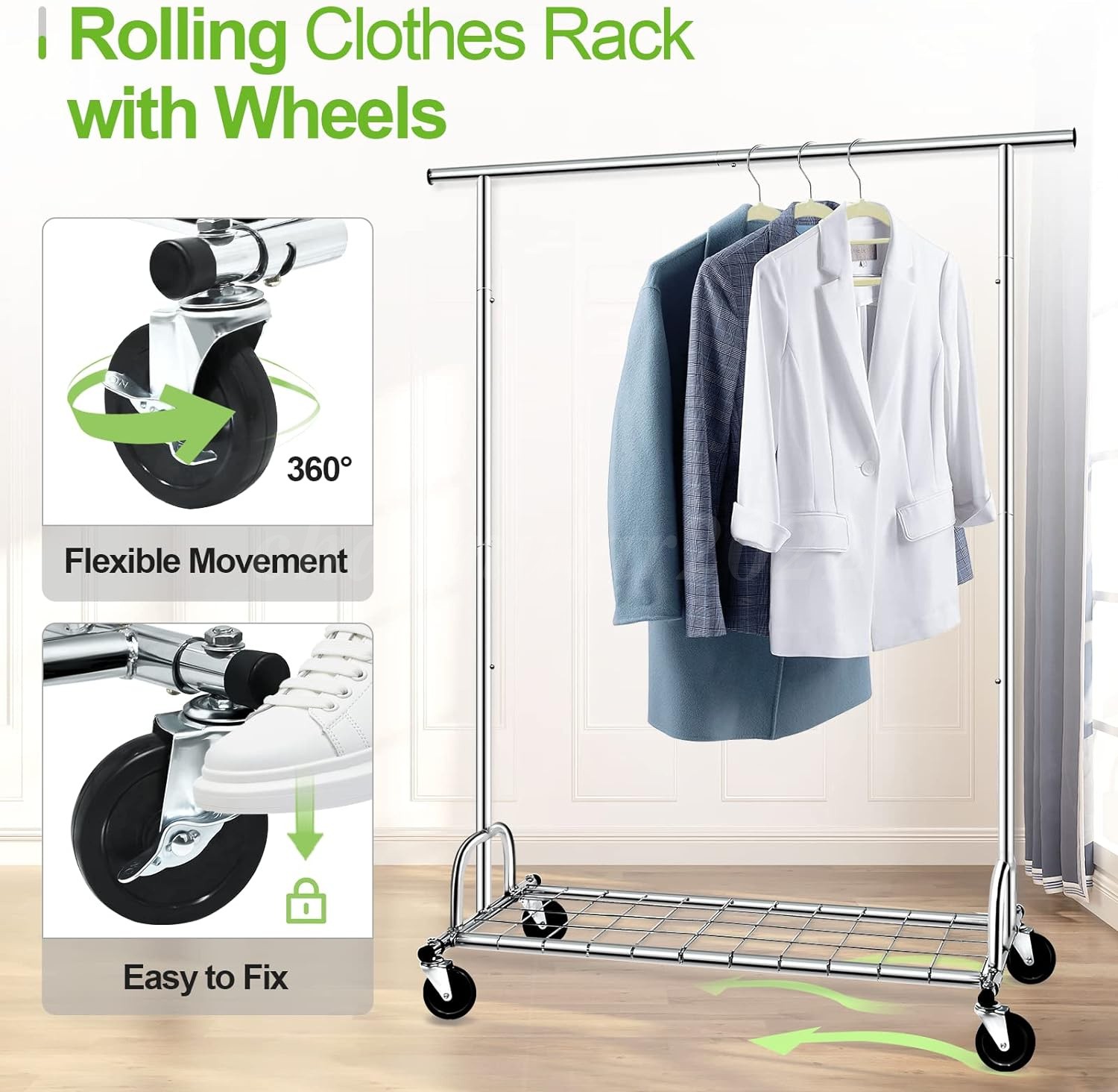 450lbs Heavy Duty Commercial Clothing Garment Rack Rolling Collapsible Chrome US