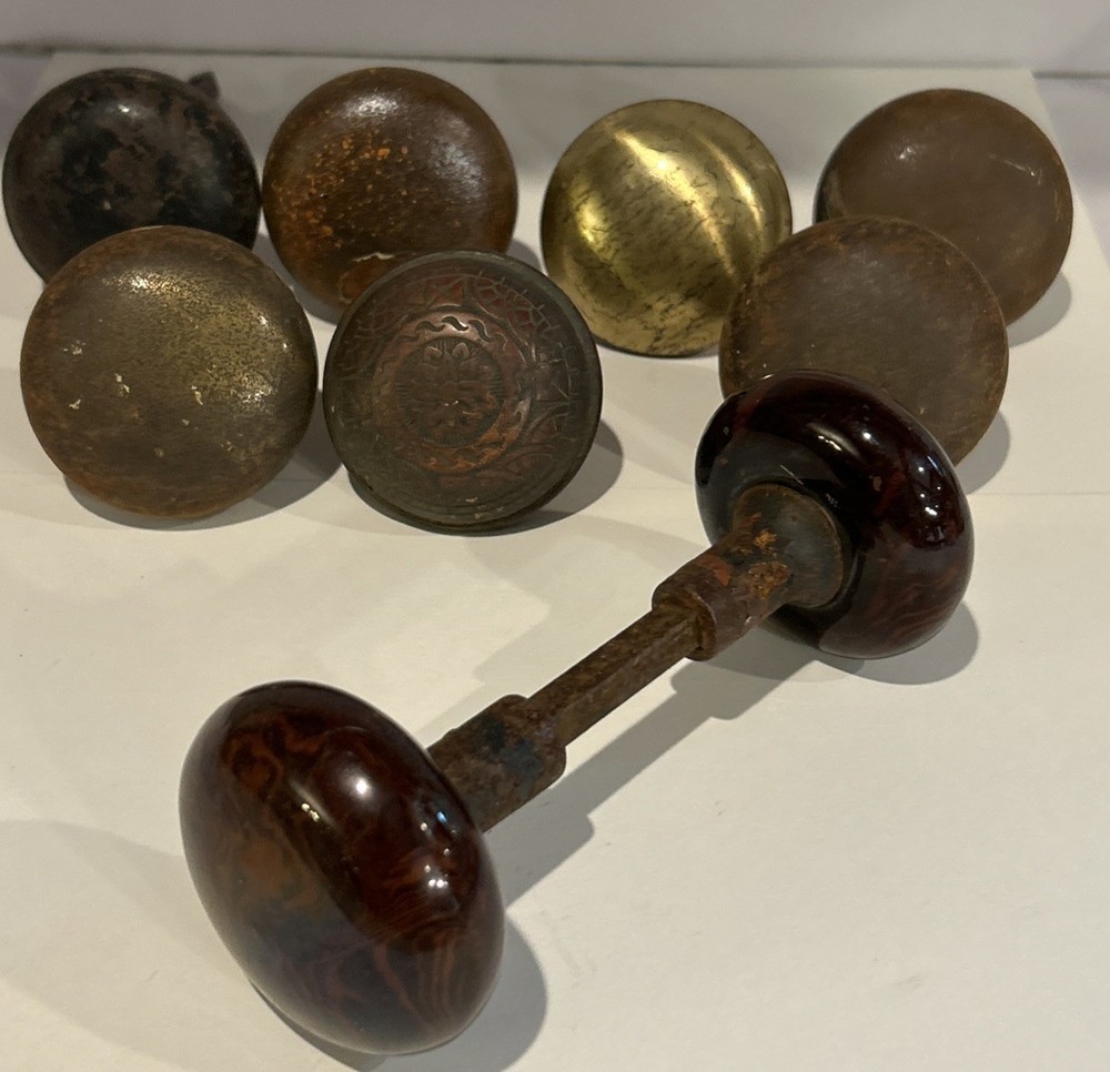 Pair Antique Brown Marble Swirl Porcelain Door Knobs + 7 Bonus Knobs **READ