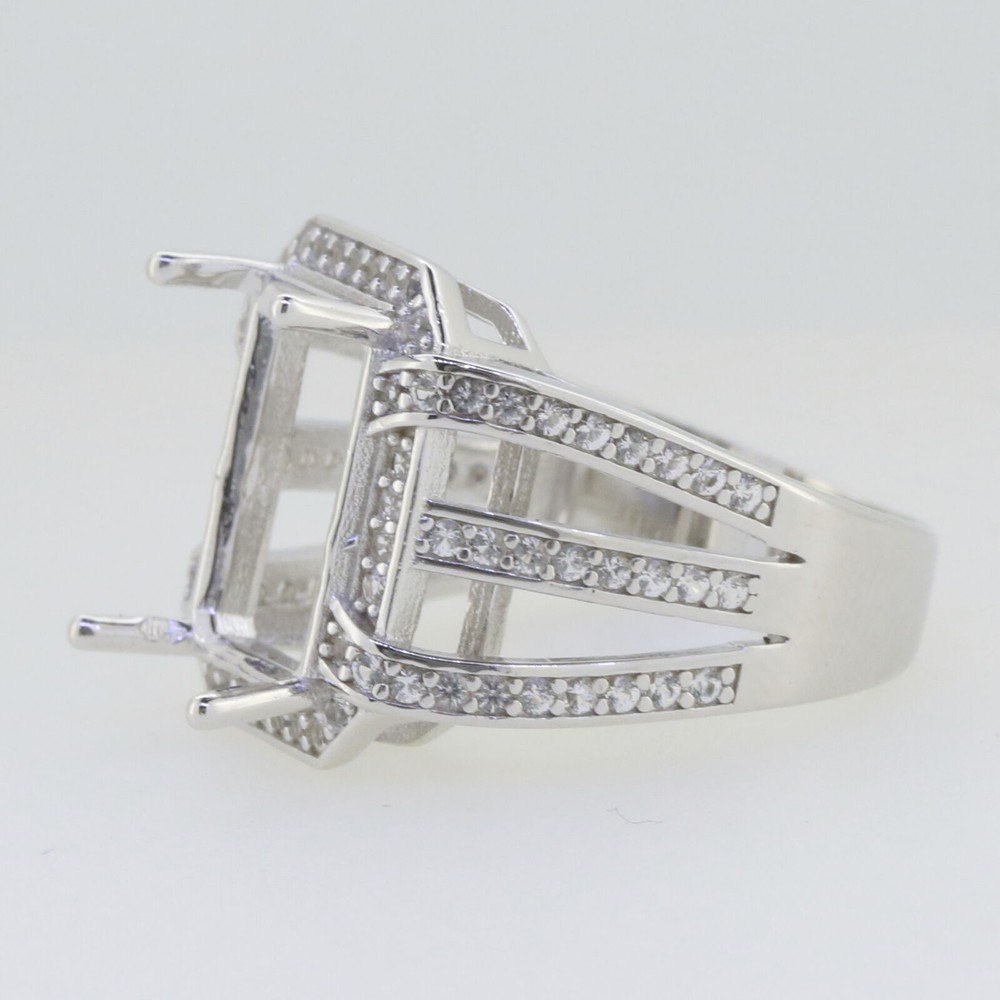 Sterling Silver Semi Mount Ring Setting Emerald OCT 14x10mm Halo Split Shank