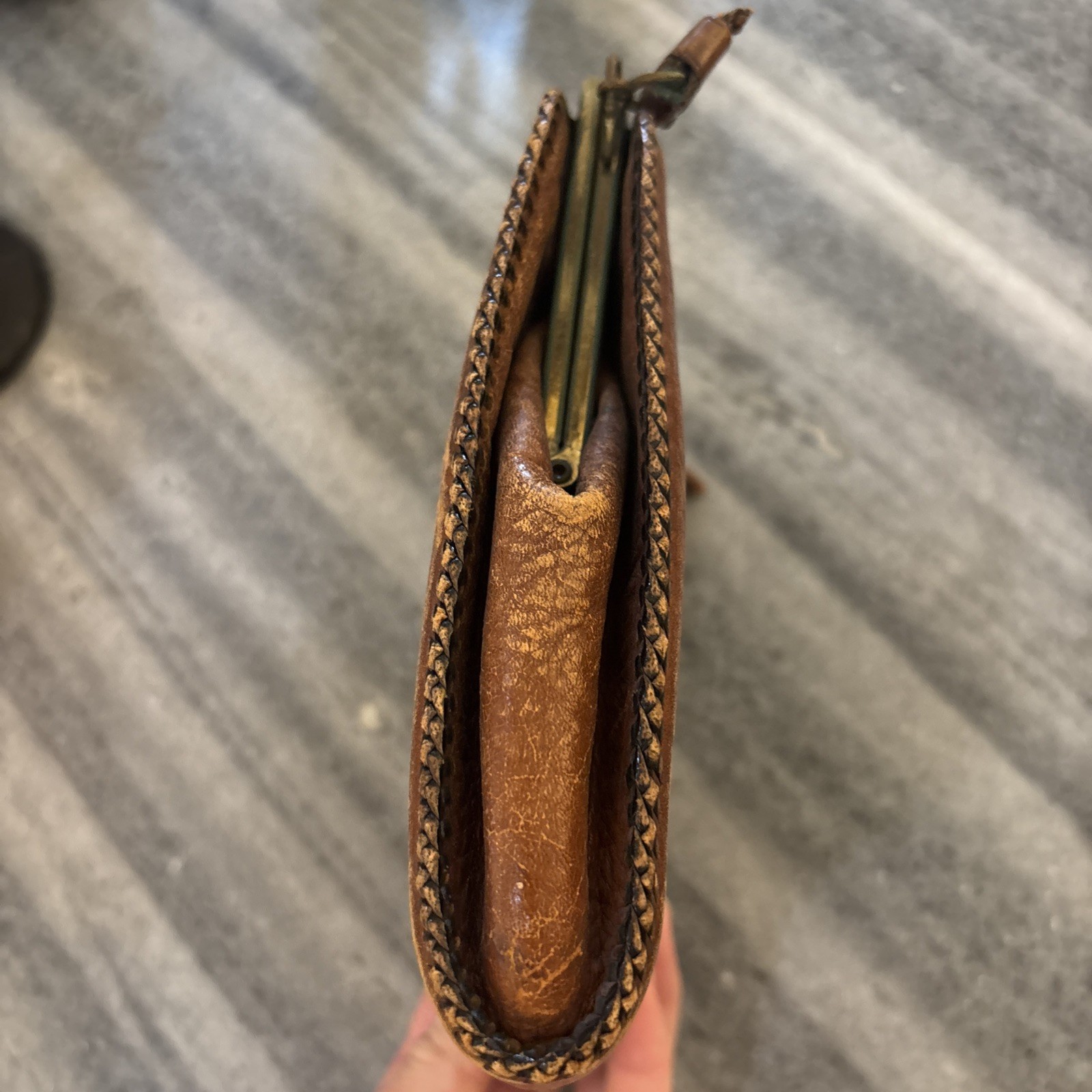 Antique TOOLED LEATHER PURSE Art Nouveau Stylized Lily Suede Inside