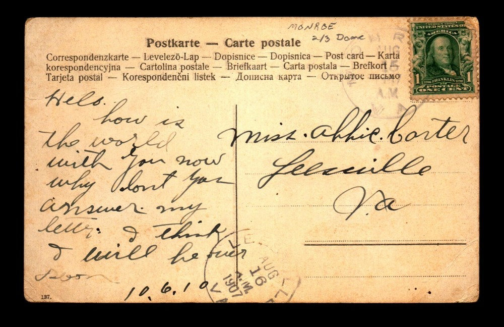 1907 Monroe VA Doane Card - L26836