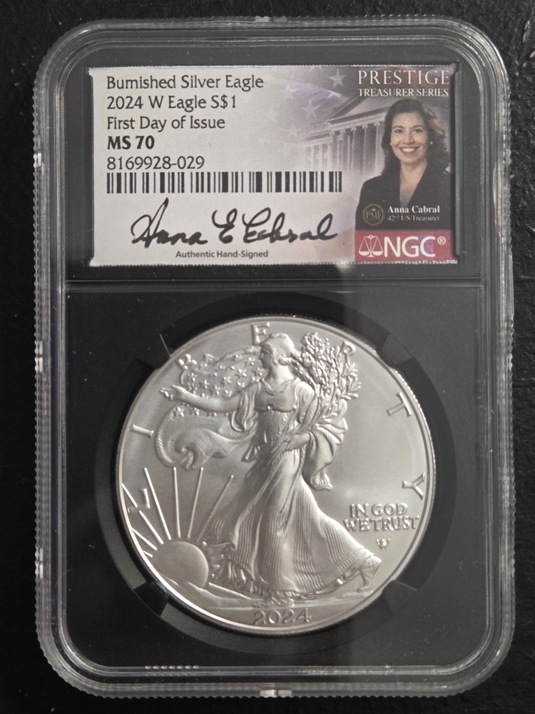 2024 W BURNISHED SILVER EAGLE NGC MS70 FIRST DAY ISSUE CABRAL SIGNED PRESTIGE