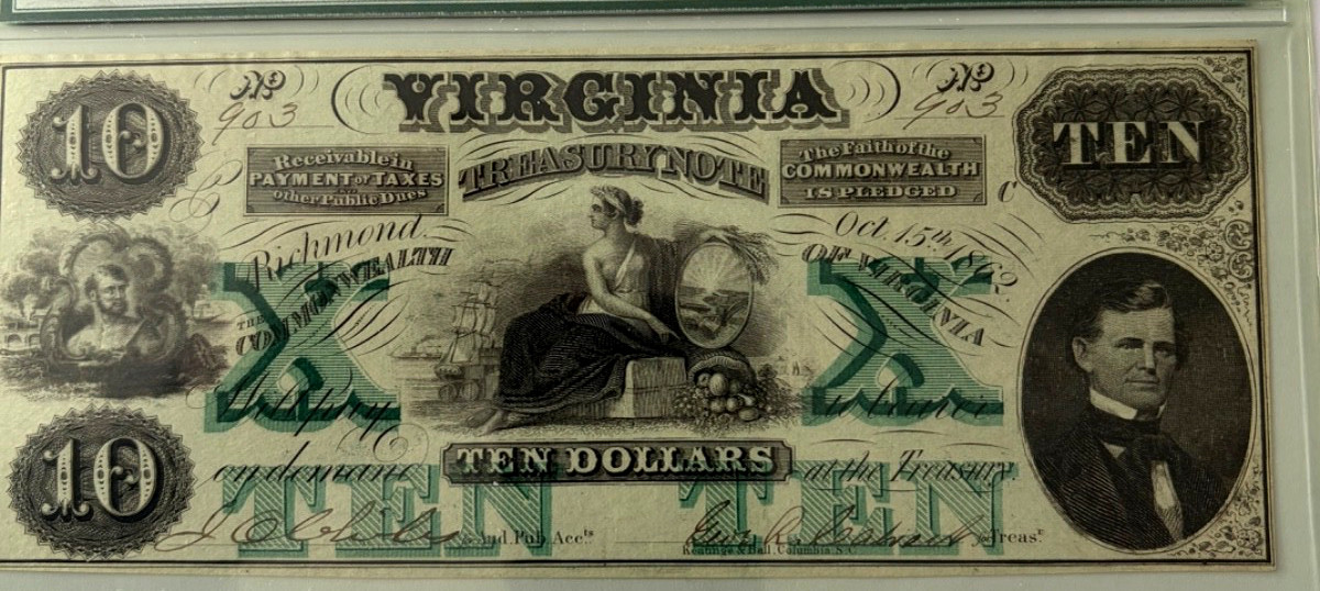 1862 Richmond, Virginia $10 Virginia Treasury Note - PMG 63 EPQ