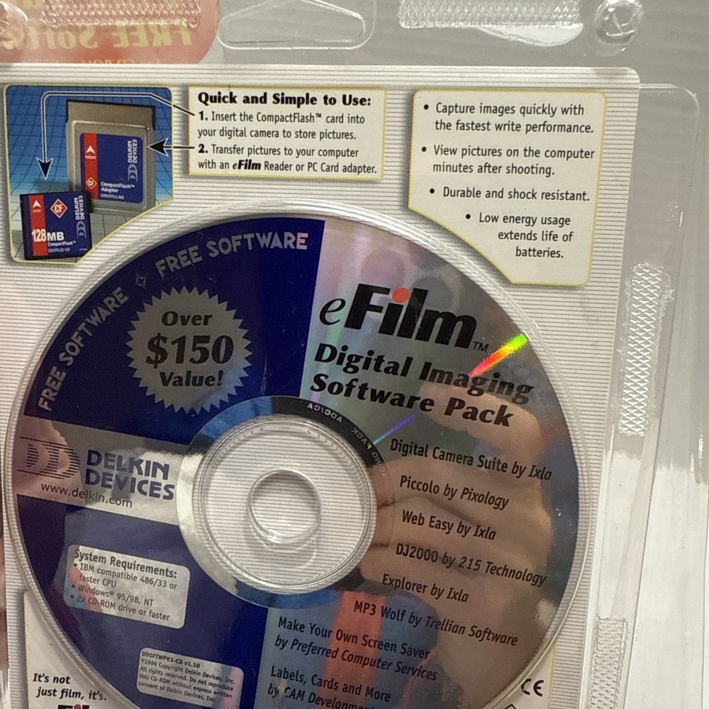 New Delkin 8 MB CompactFlash Card DDCFFLS2-8 + Digital Imaging Software Pack