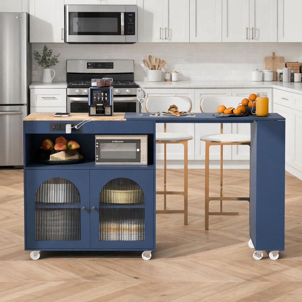 Navy Blue Rolling Kitchen Island with Extendable Table & Power Outlets