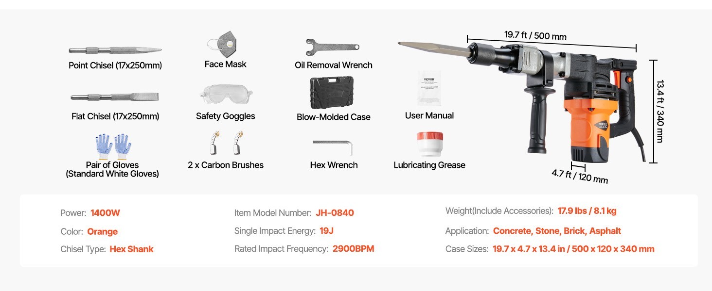 1400W Electric Demolition Jack Hammer 2900BPM Concrete Breaker w/ Chisels