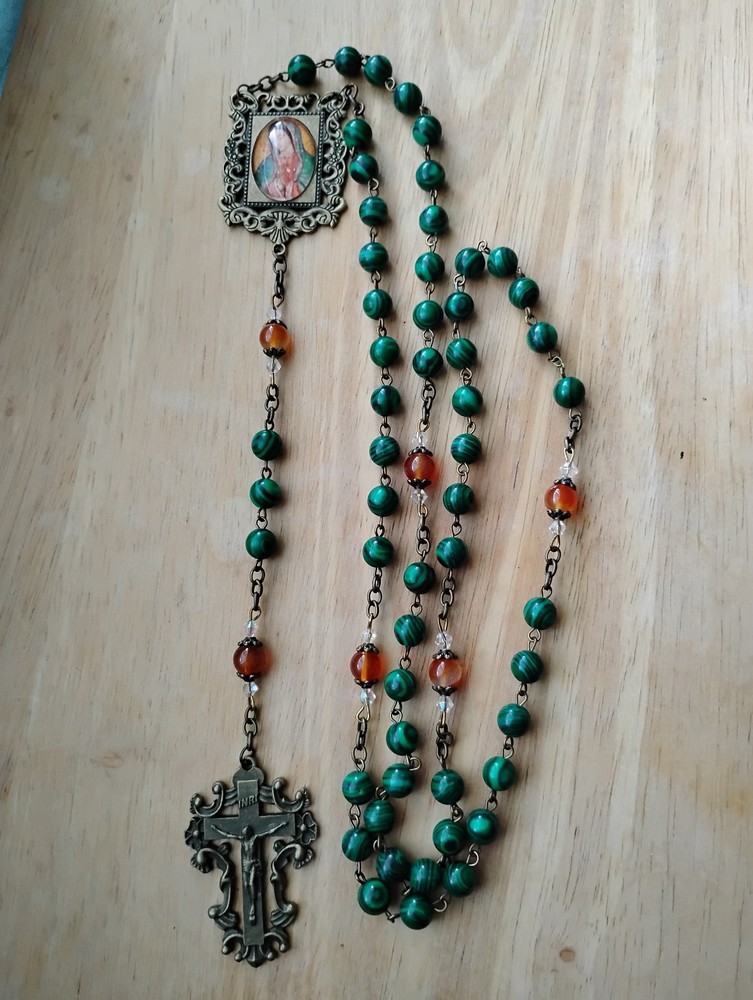 Malachite & Carnelian Gemstone Rosary 8mm Beads Bronze Our Lady Guadalupe Medal
