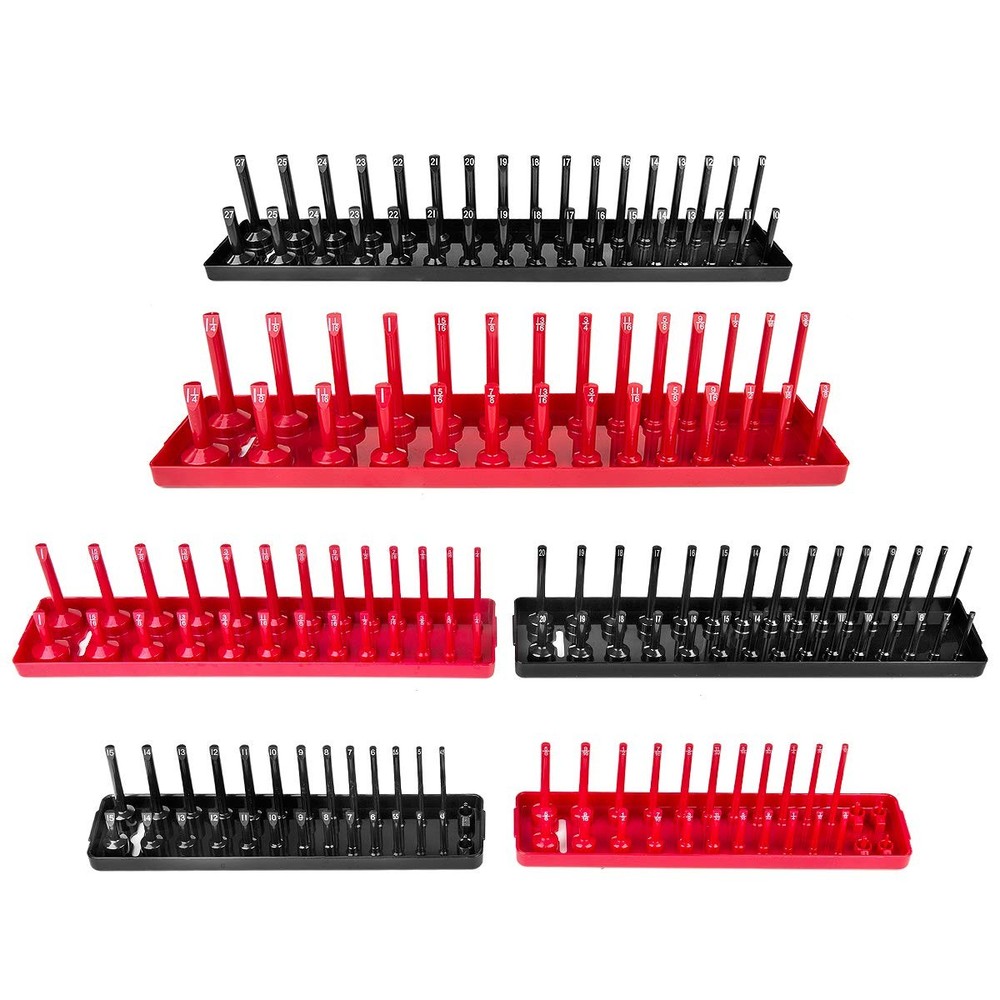 6PCS Socket Organizer Tray Set, Red SAE & Black Metric Socket Storage Trays, ...