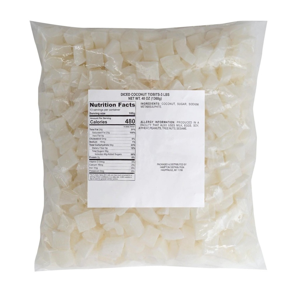 Diced Coconut Tidbits, 3 Pound Bulk Bag, Dried Coconut, Hampton Distribution