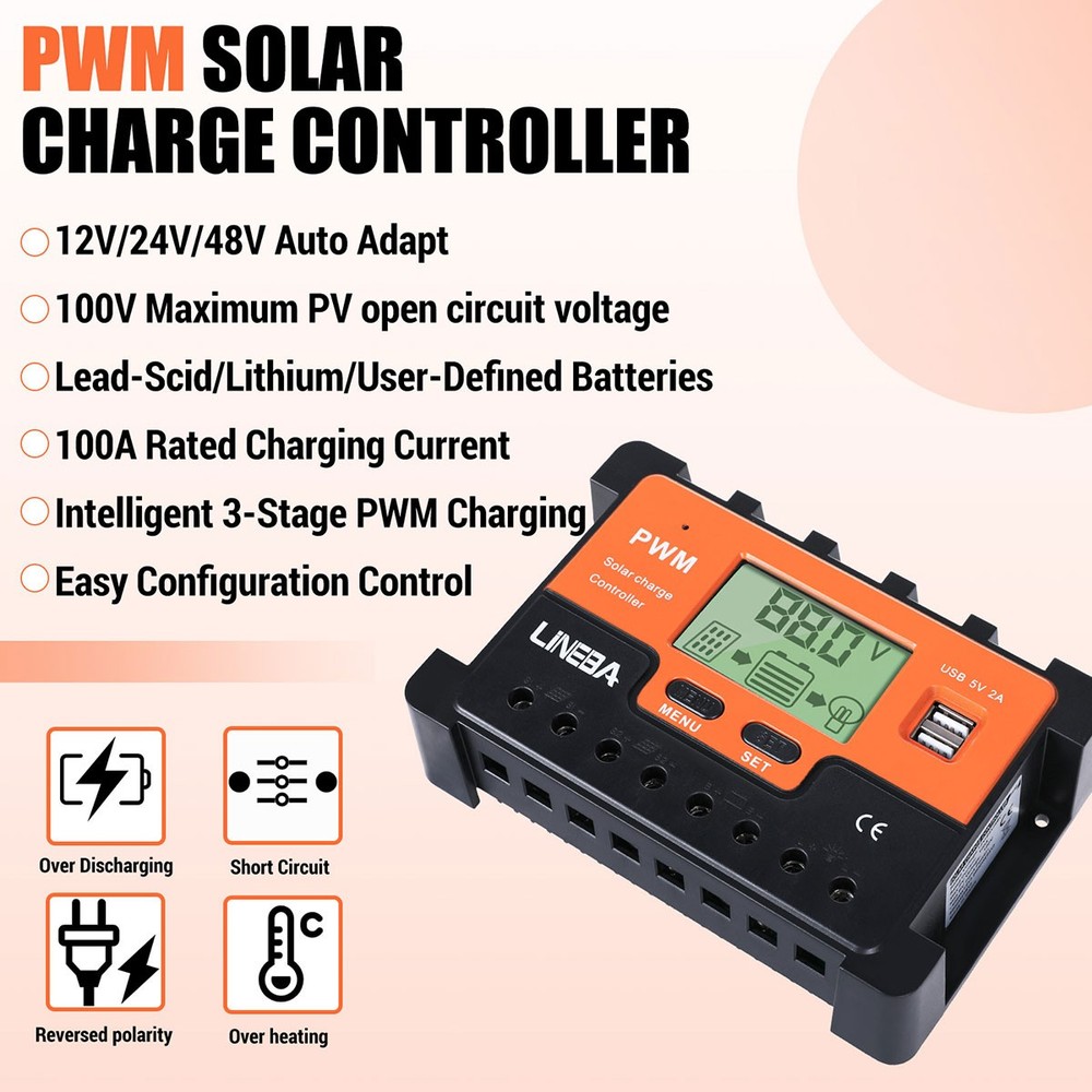 PWM Solar Panel Regulator Charge Controller 12V/24V/48V Auto Focus Tracking 2USB