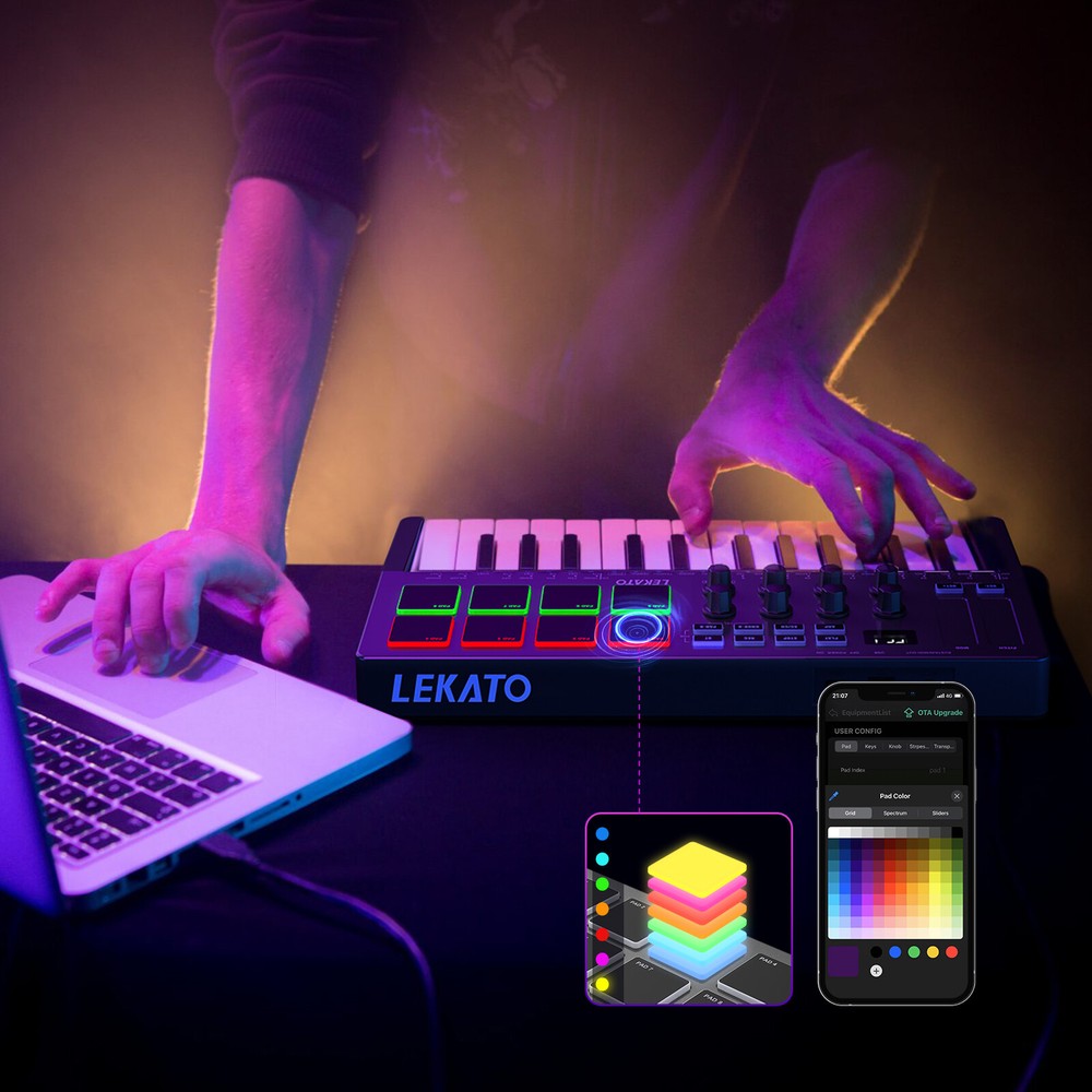 LEKATO 25 Keys Mini bluetooth MIDI 8 Backlit Drum USB MIDI Keyboard Controller