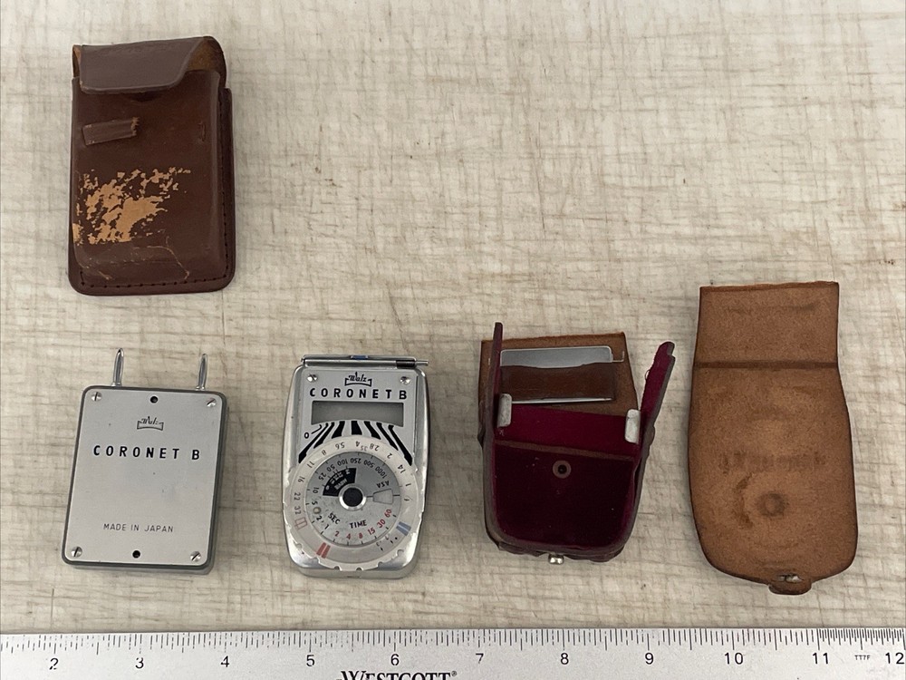 Untested-Vintage Coronet B Light Meter With Booster Attachment With Leather Case