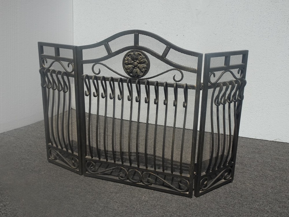Vintage Spanish Style Black Iron Three Panel Fireplace Screen
