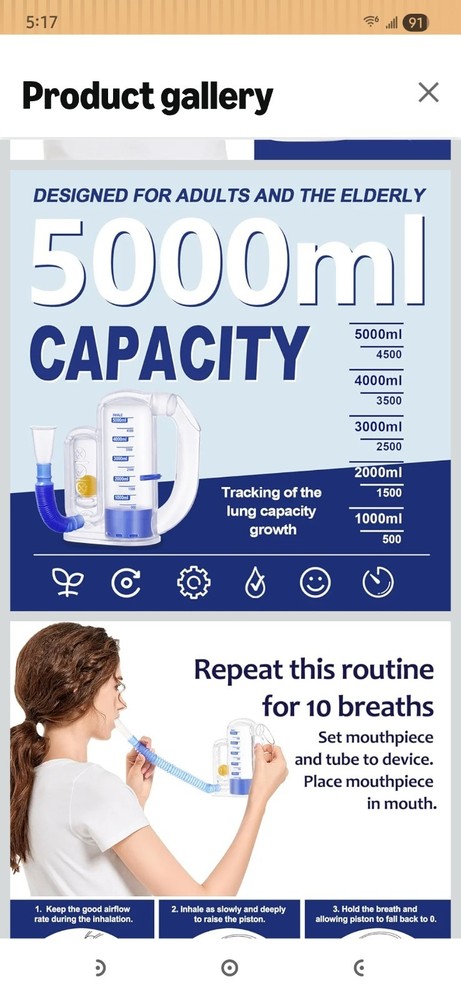 Breathing Exercise Device for Lungs, Lung Exerciser Device – 5000ml Volumetri...