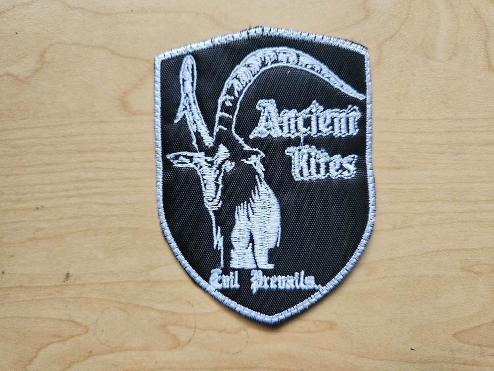 ANCIENT RITES + LOGO, SEW ON WHITE, WHITE BORDER EMBROIDERED PATCH